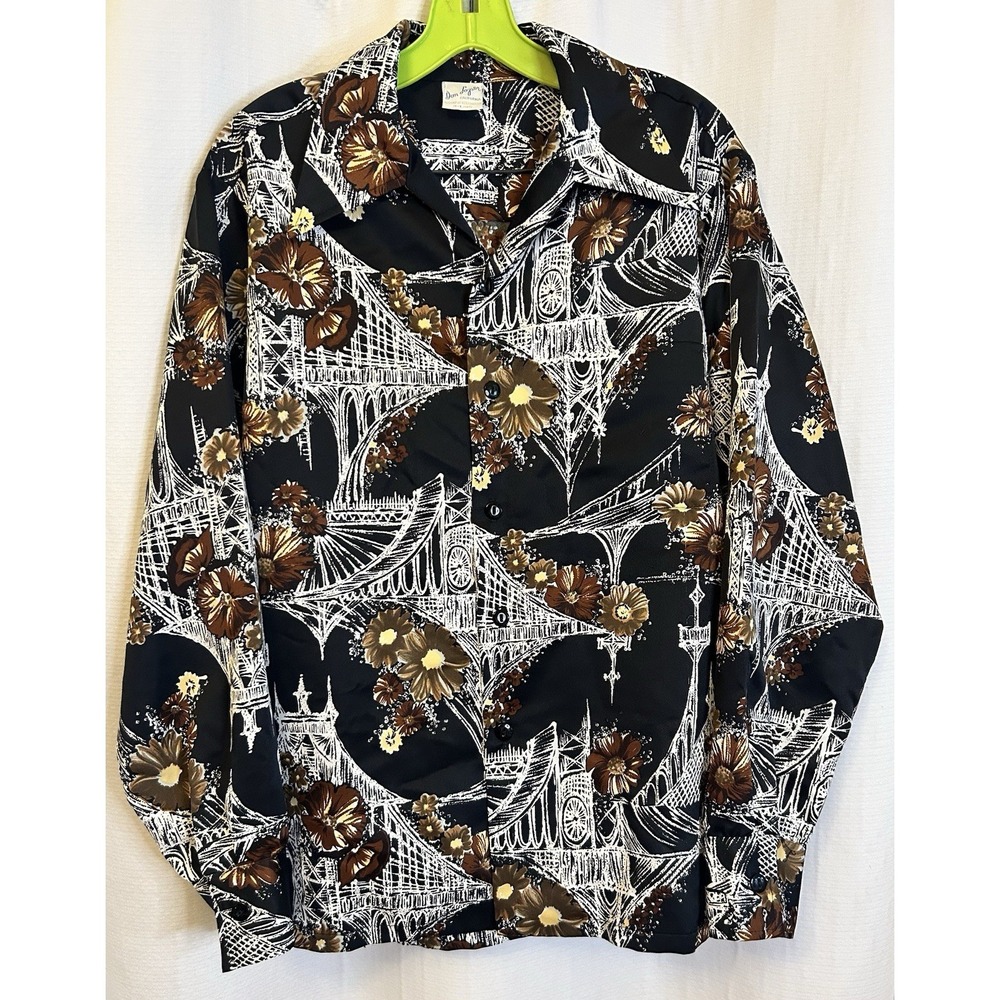 VTG Don Loper Mens Long Sleeve Shirt L London Bridge Floral Groovy Disco